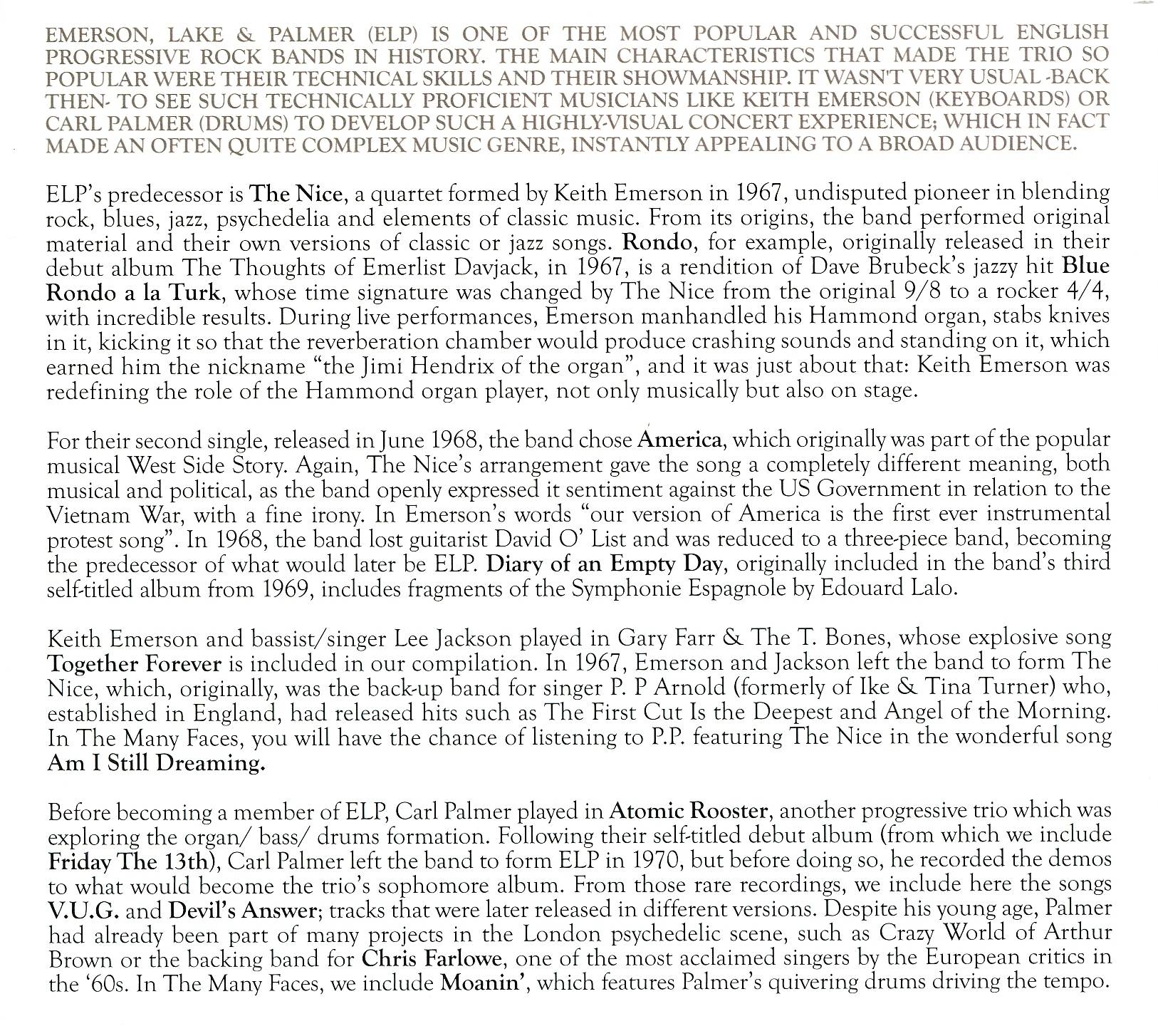 Emerson, Lake and Palmer The Many Faces Of Emerson Lake and Palmer : Booklet 1